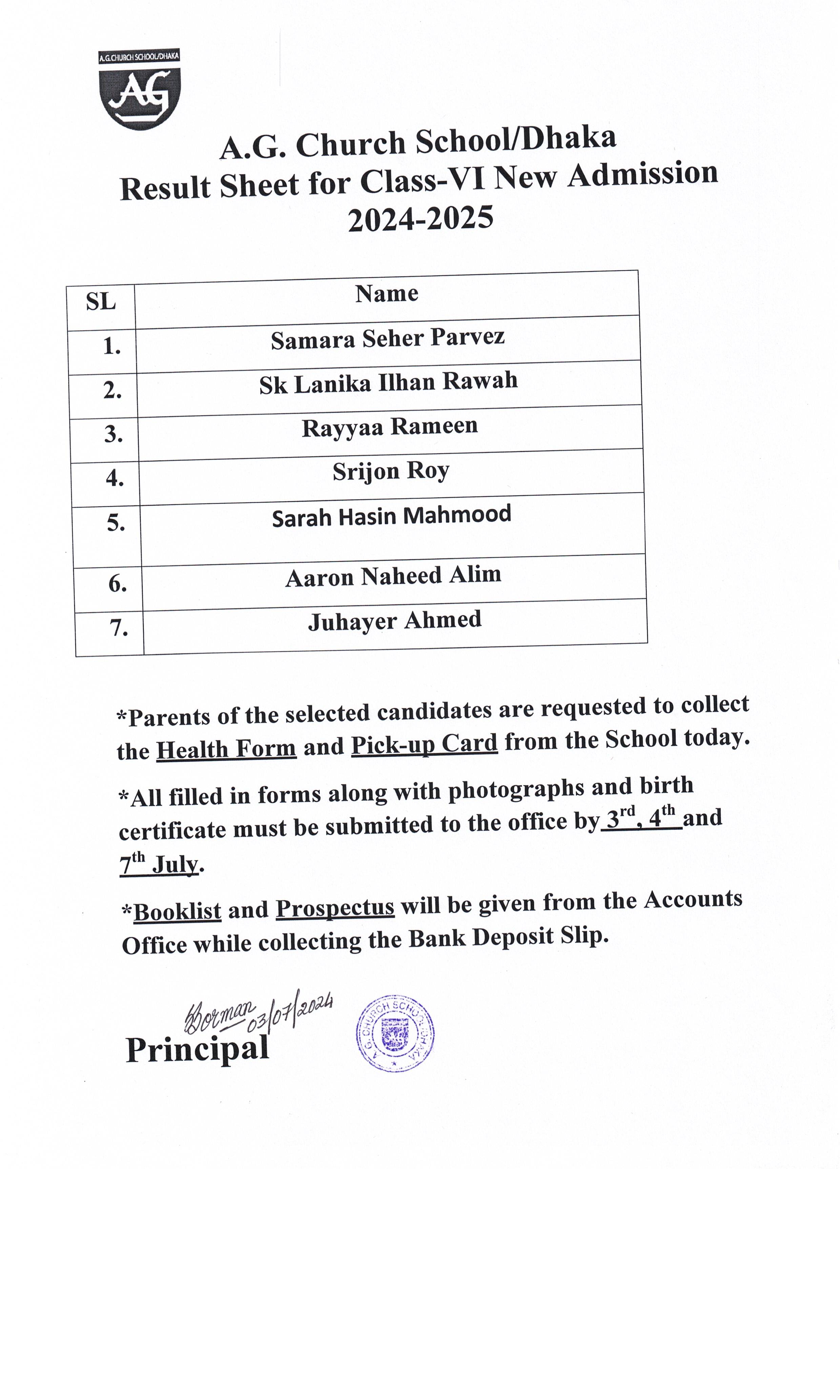 Result Sheet for Class-6 New Admission 2024-2025